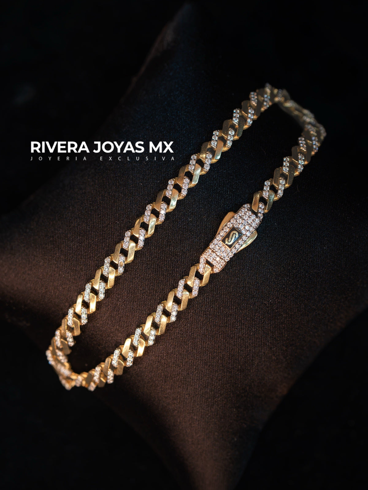 Pulso Cubano Alternado Pavé y Oro Pulido en Oro 14K