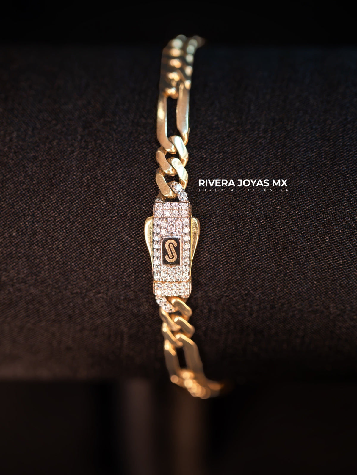 Pulso Mónaco tejido fígaro broche Blanco Swarovski 5 mm 14k