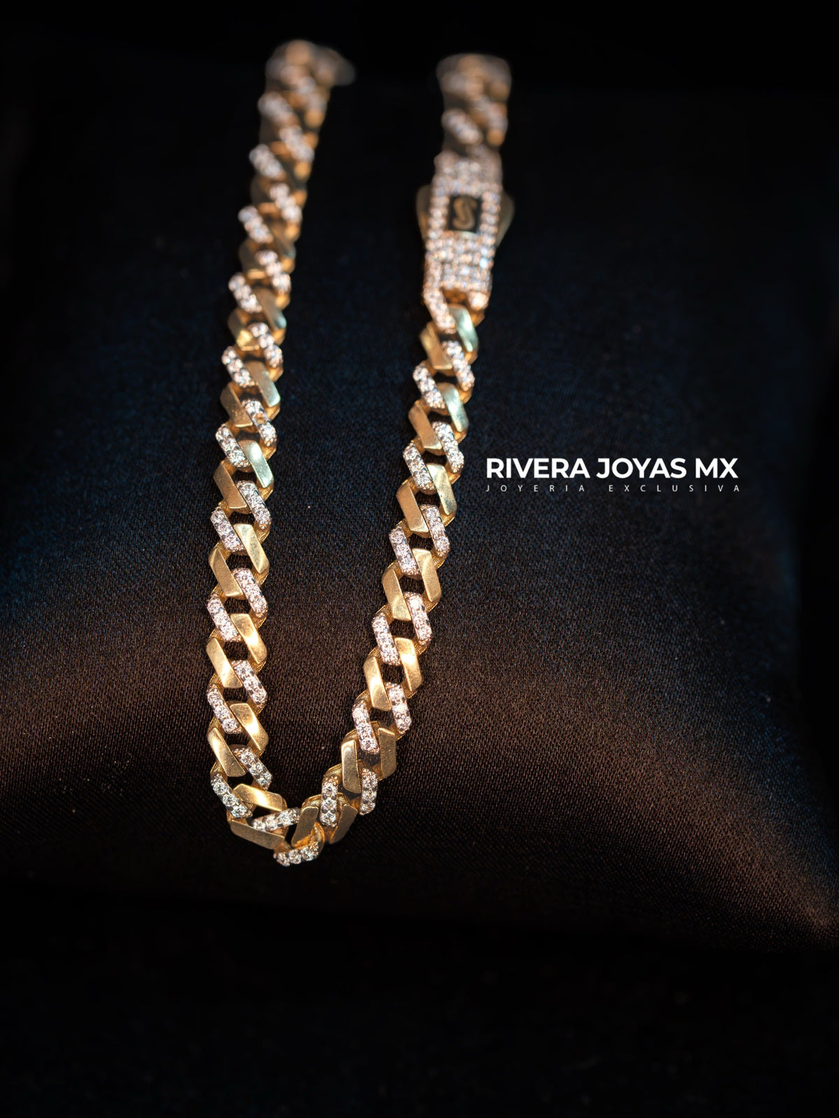 Pulso Cubano Alternado Pavé y Oro Pulido en Oro 14K