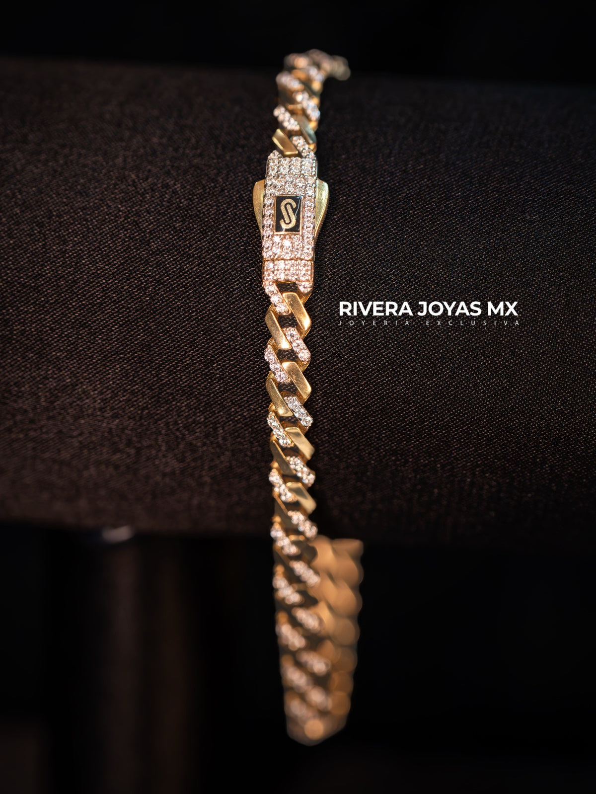 Pulso Cubano Alternado Pavé y Oro Pulido en Oro 14K