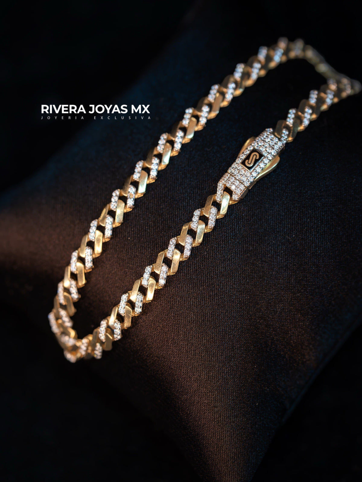 Pulso Cubano Alternado Pavé y Oro Pulido en Oro 14K
